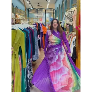 Miyaki Plus Size Printed Dress – Chinese Style Pleated Fish Silk