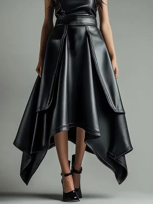 High Waist PU Leather Pleated Skirt
