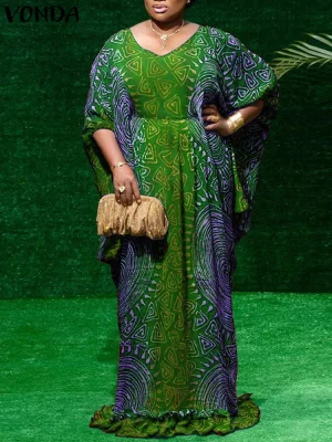 Plus Size Boho Maxi Dress – Printed Batwing Sleeve Sundress