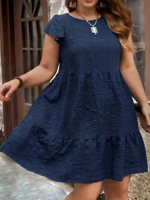 Plus Size Solid Crew Neck Dress