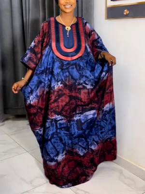 Printed African Maxi Dress – O-Neck, 3/4 Sleeve, Loose Fit