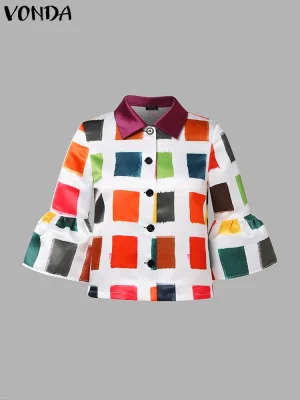 Plus Size 5XL VONDA Women’s Vintage Printed Blouse – Summer 2025