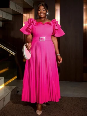 Pleated V-Neck Ruffle Dress