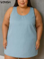Plus Size Sleeveless Denim Mini Dress - Summer Casual