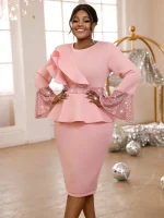 Pink Sequin O-Neck Dress with Ruffle Flare Sleeves