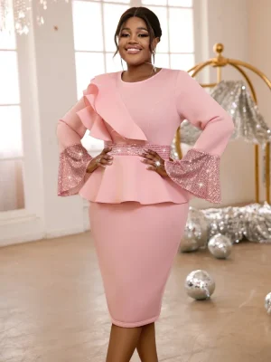 Pink Sequin O-Neck Dress with Ruffle Flare Sleeves