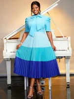 Elegant Blue Colorblock A-Line Dress with Bowtie