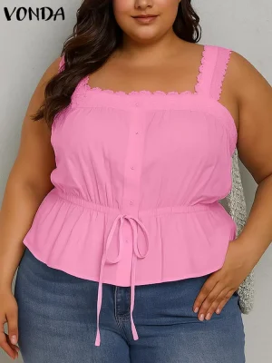 Plus Size Lace Tank Top – Square Neck Sleeveless Tunic Blouse (5XL, Summer 2025)
