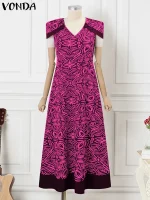 Plus Size 5XL VONDA Boho Printed V-Neck Maxi Dress
