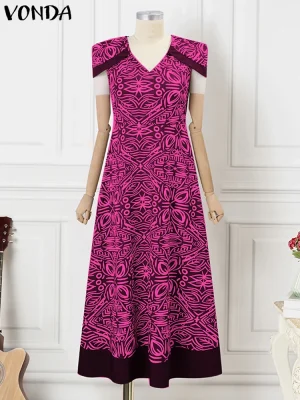 Plus Size 5XL VONDA Boho Printed V-Neck Maxi Dress