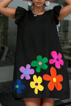 Plus Size Floral Ruffle Sleeve Mini Dress