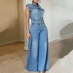 Women’s Denim Sleeveless Jumpsuit – High Waist, Wide Leg