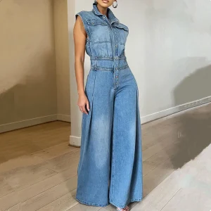 Women’s Denim Sleeveless Jumpsuit – High Waist, Wide Leg