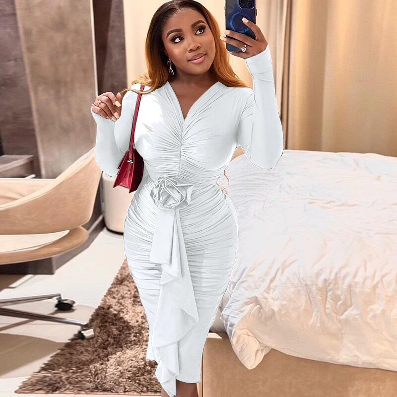 African Fashion Autumn Rose Ruched Long Sleeve Bodycon Dress - Image 5