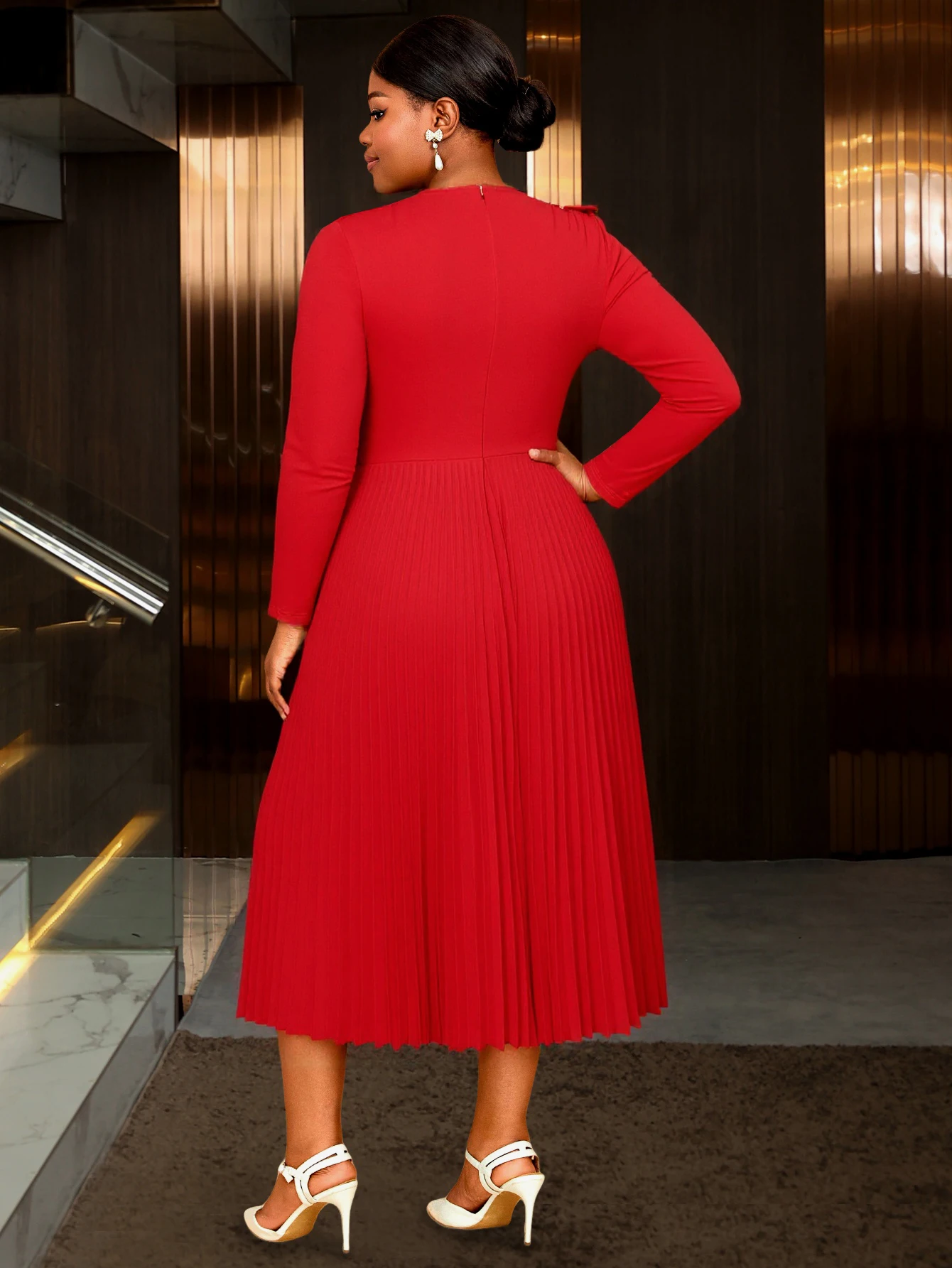 Elegant Red A-Line Dress with 3D Ruffles - Image 2