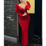 Red Velvet V-Neck Party Dress
