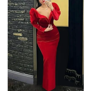 Red Velvet V-Neck Party Dress