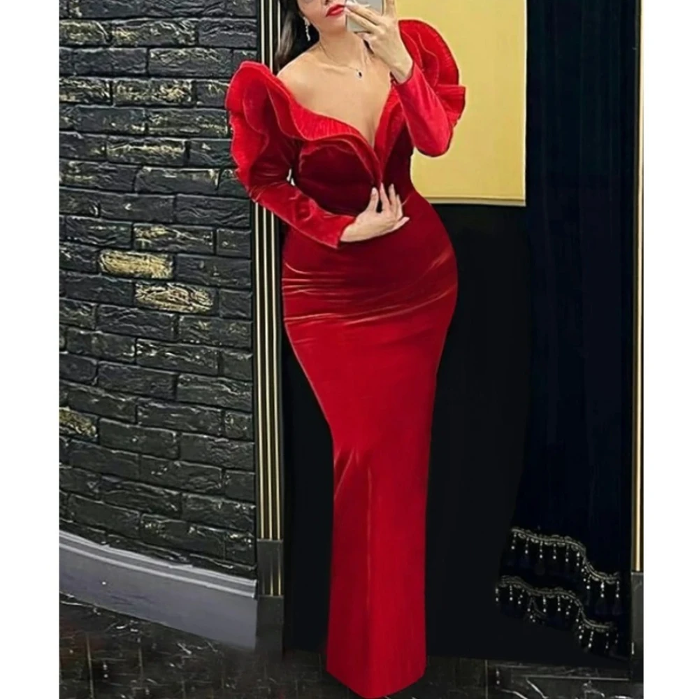 Red Velvet V-Neck Party Dress