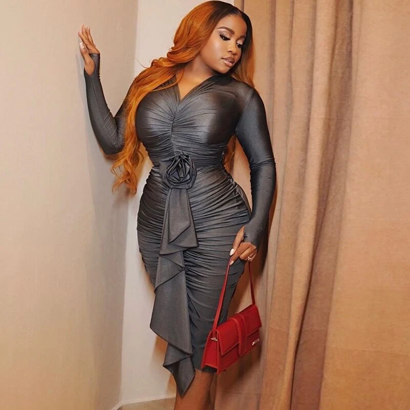 African Fashion Autumn Rose Ruched Long Sleeve Bodycon Dress - Image 6