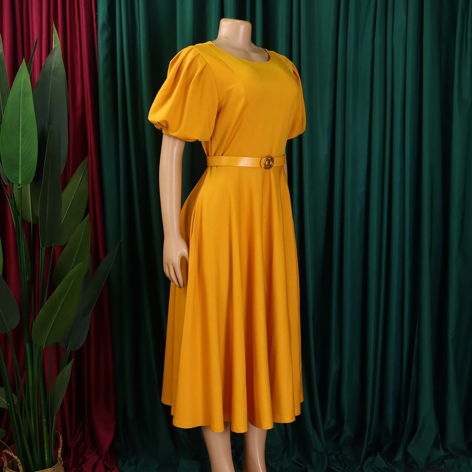 Elegant A-Line Midi Dress – O-Neck, Puff Sleeves, Belted Waist - Image 2