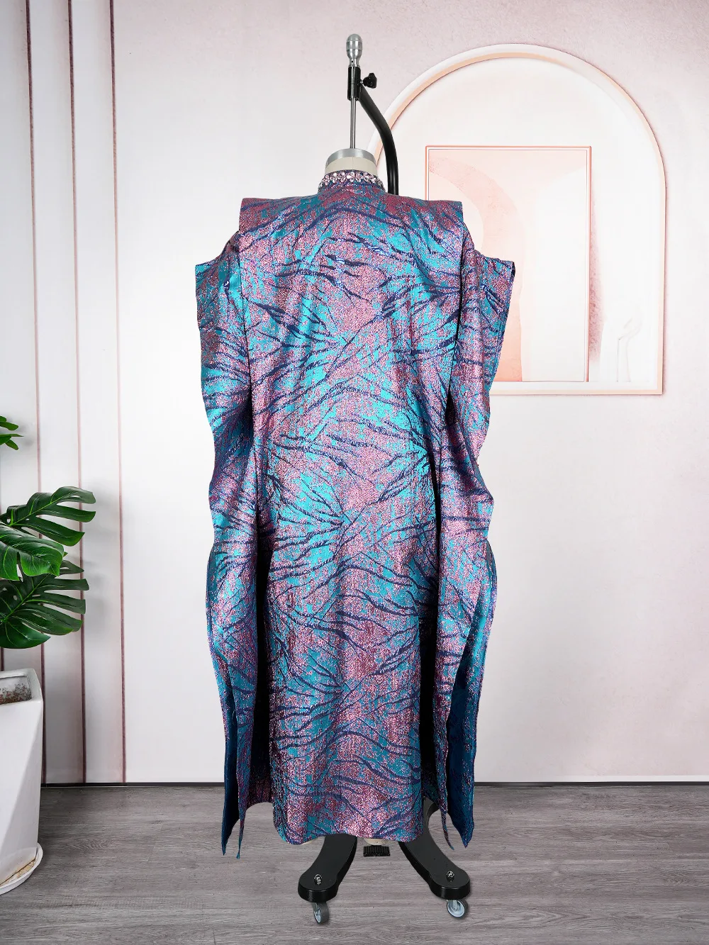 Women’s Modest Jacquard Satin Bubu Dress – V-Neck, Half Sleeve, Diamond Detail - Image 4