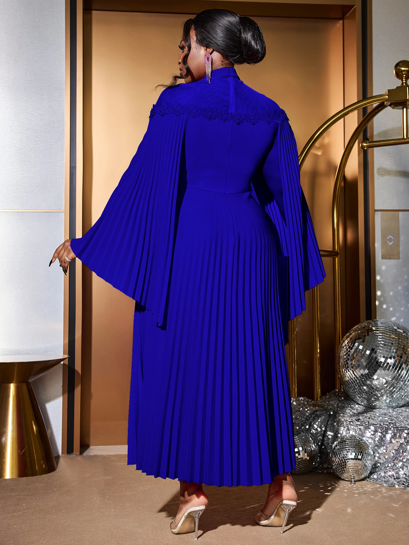 Elegant Blue A-Line Maxi Dress – Cape Sleeves & Pleated High Collar - Image 2