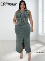 Wmstar Plus Size Denim Two-Piece Set – Crop Top & Skirt Streetwear 2024
