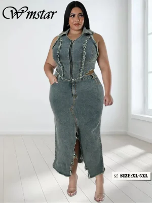 Wmstar Plus Size Denim Two-Piece Set – Crop Top & Skirt Streetwear 2024