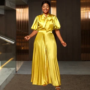 Elegant Two-Piece Set with Bow Shirt & Pleated Wide-Leg Pants