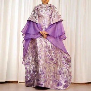 Women’s Jacquard Boubou Dress – Ruffles, Turn-Down Collar & Patchwork Organza