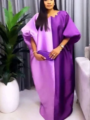 Women’s Shiny Bubu Kaftan Dress – Color Block African Traditional Long Gown