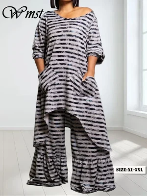 Plus Size Striped Long Sleeve Top & Pants Set – Matching 2024