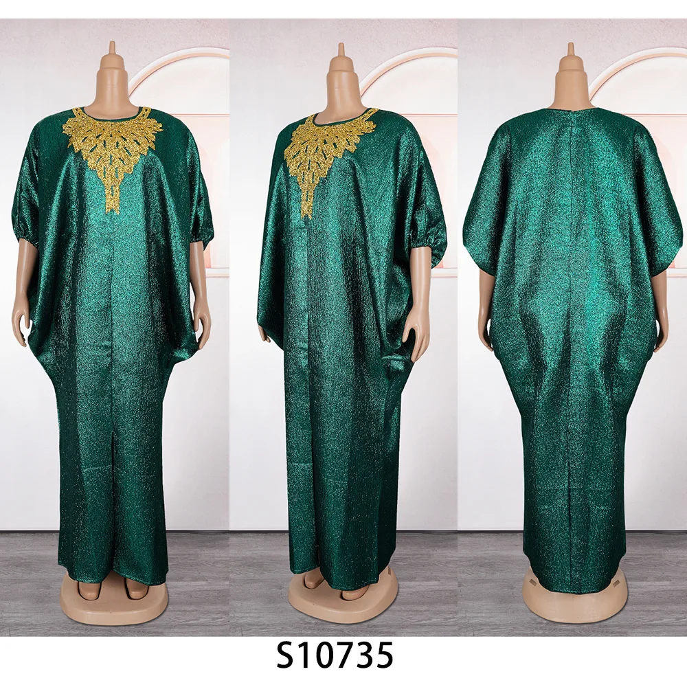 Women’s Green Satin Modest Bubu Dress – O-Neck, Half Sleeve, Diamond Detail - Image 2