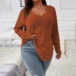Plus Size Ribbed V-Neck Long Sleeve Tunic (1XL–5XL)