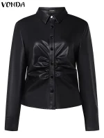 2025 Women’s Autumn Leather Jacket – Metal Buttons & Trench Style
