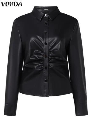 2025 Women’s Autumn Leather Jacket – Metal Buttons & Trench Style