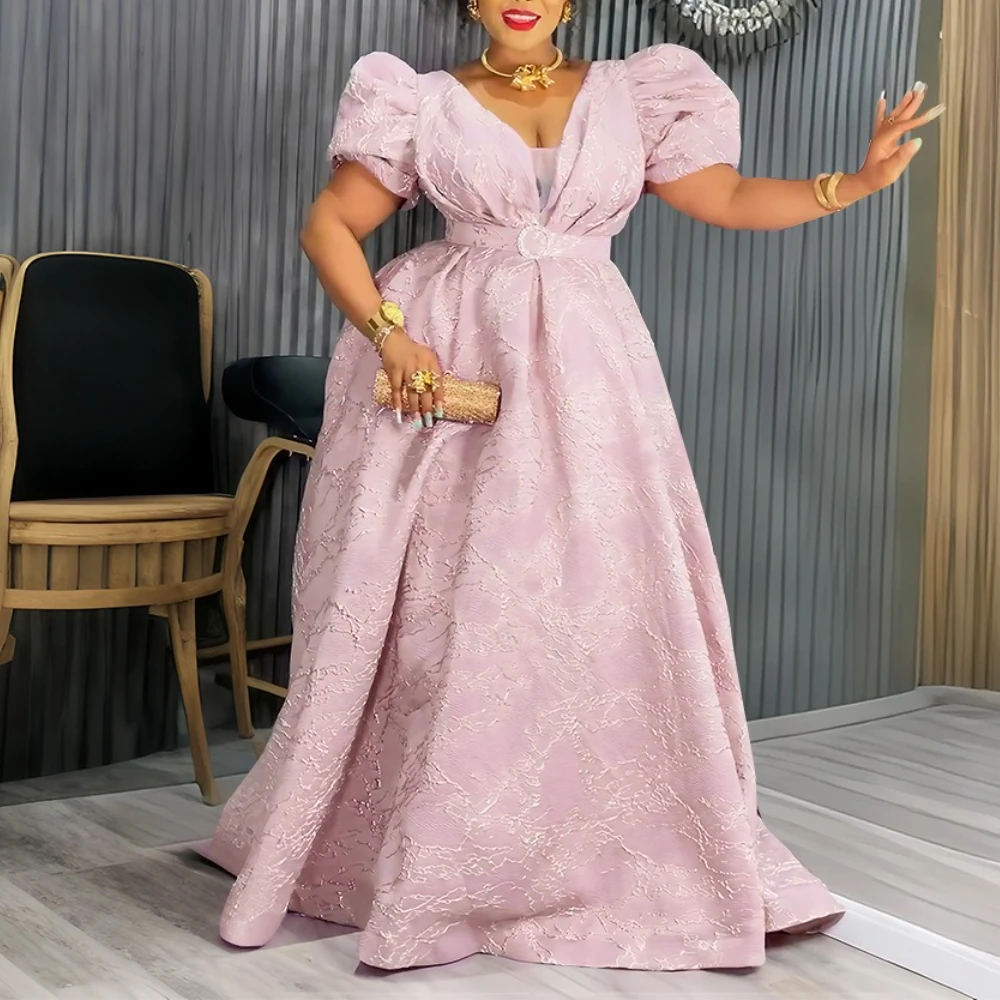 Women’s Luxury Embroidered A-Line Evening Dress with Puff Sleeves - Image 3