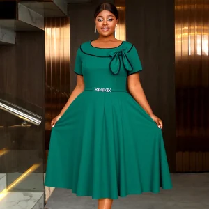 Elegant A-Line Midi Dress with Bow & Rhinestone Belt