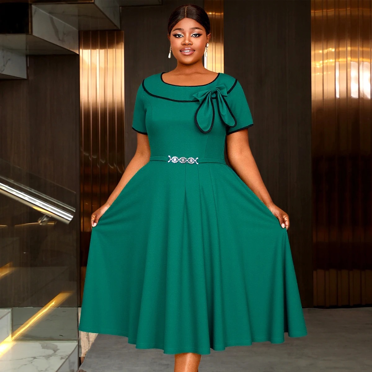 Elegant A-Line Midi Dress with Bow & Rhinestone Belt