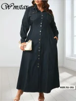 Plus Size Denim Button Maxi Dress – Elegant Fall/Winter