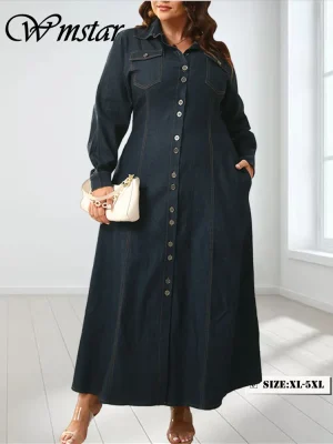 Plus Size Denim Button Maxi Dress – Elegant Fall/Winter