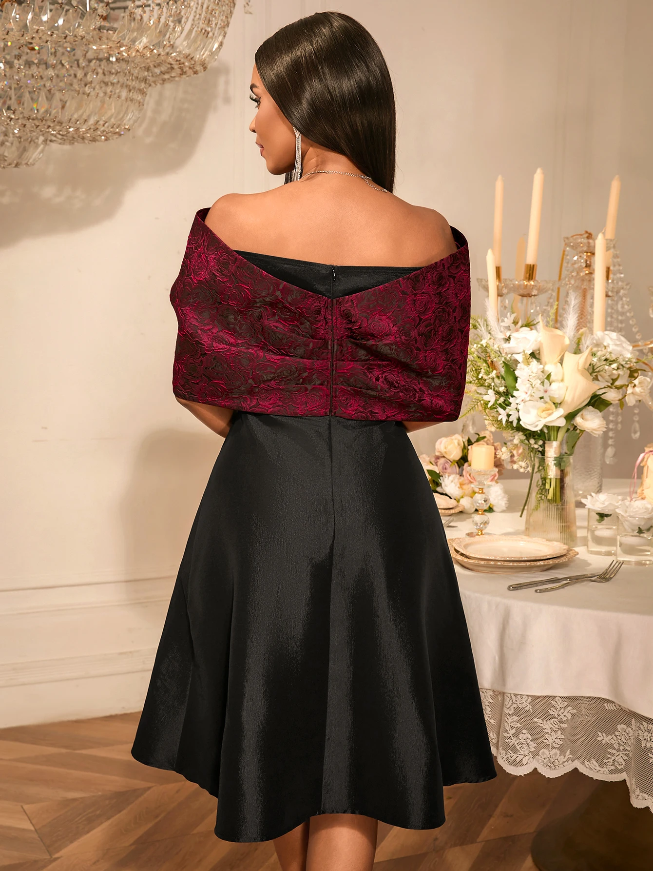 Women’s Off-Shoulder A-Line Jacquard Party Dress with Bow – Evening & Wedding - Image 2