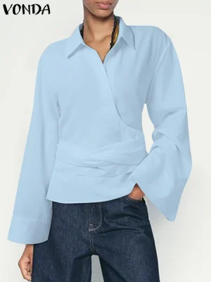 VONDA Women’s Bandage Blouse – Elegant Long Sleeve Office Shirt