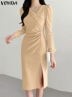 VONDA Plus Size Elegant Work Dress – Long Sleeve Pleated Midi