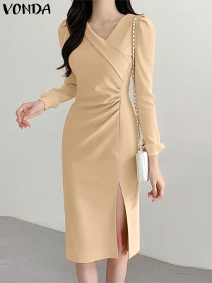 VONDA Plus Size Elegant Work Dress – Long Sleeve Pleated Midi