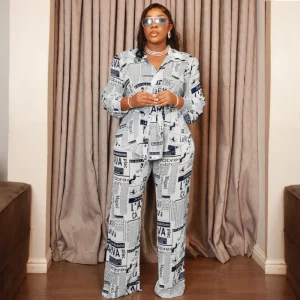 African Fashion 2024 Autumn Newspaper Print Shirt & Wide Leg Pants Set