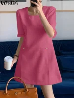 VONDA 2025 Elegant Square Neck Mini Dress – Short Sleeve Office & Party Style