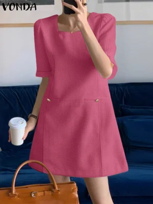 VONDA 2025 Elegant Square Neck Mini Dress – Short Sleeve Office & Party Style