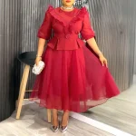 Elegant A-Line Midi Dress – Patchwork Tulle, Puff Sleeves & Rhinestone Belt