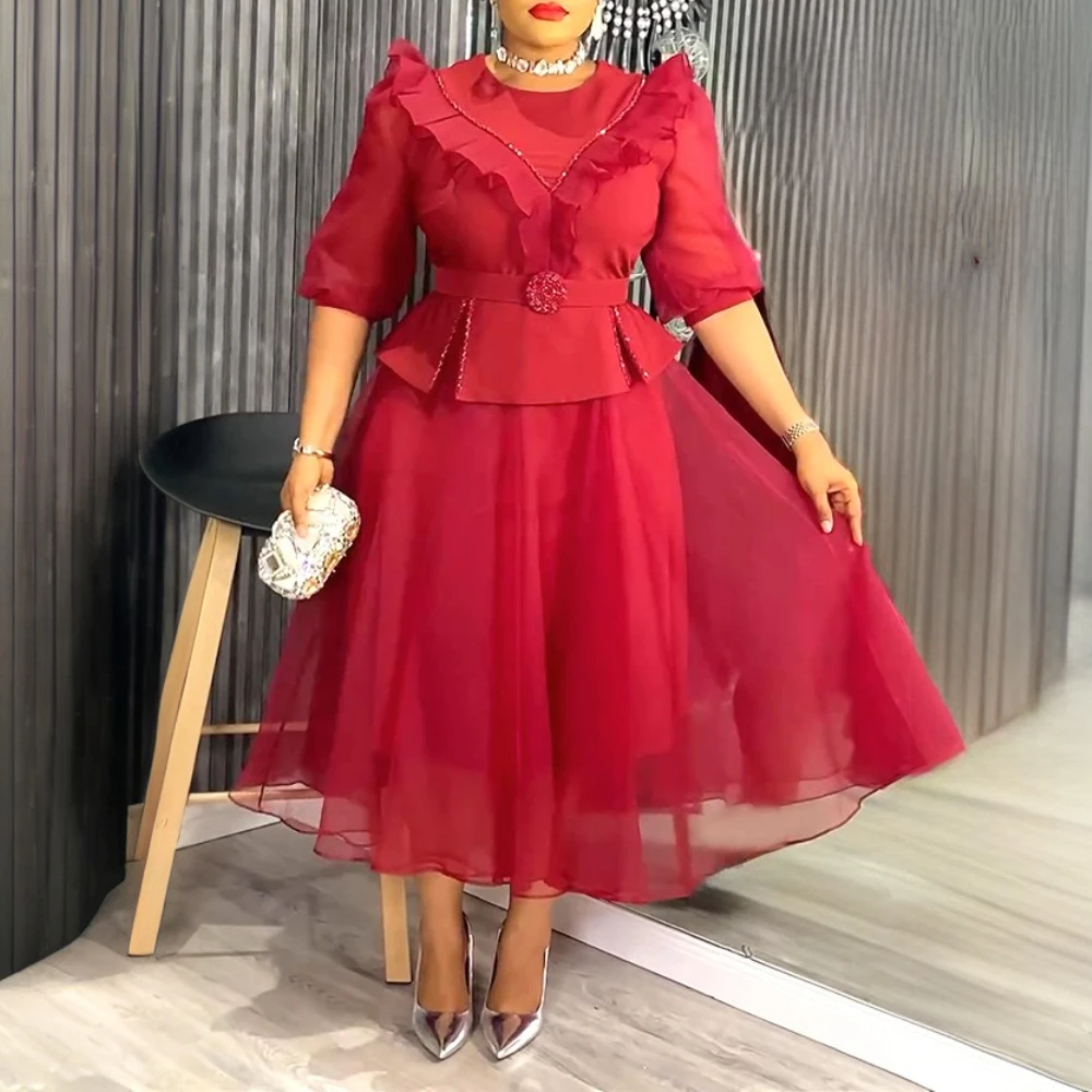 Elegant A-Line Midi Dress – Patchwork Tulle, Puff Sleeves & Rhinestone Belt
